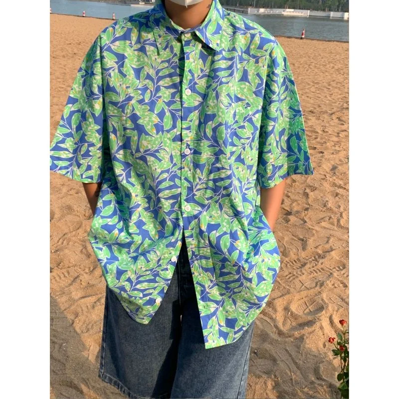 

2022 Summer Men's Floral Printing Short Sleeve Hawaiian Beach Shirt Fashion Trend Loose Lapel Collar Blue/green Color Shirts