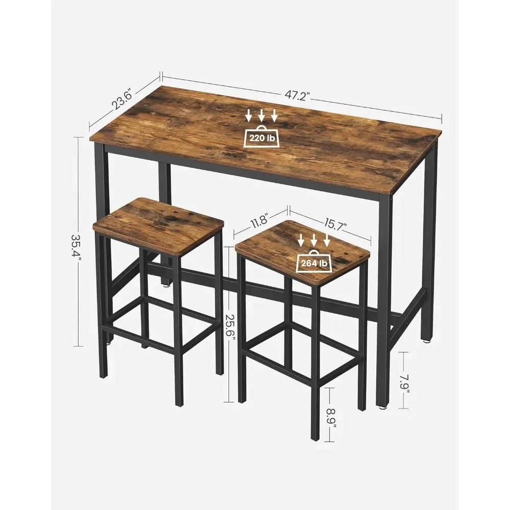 Bar table bar set with 2 bar stools, table set, rustic brown and black