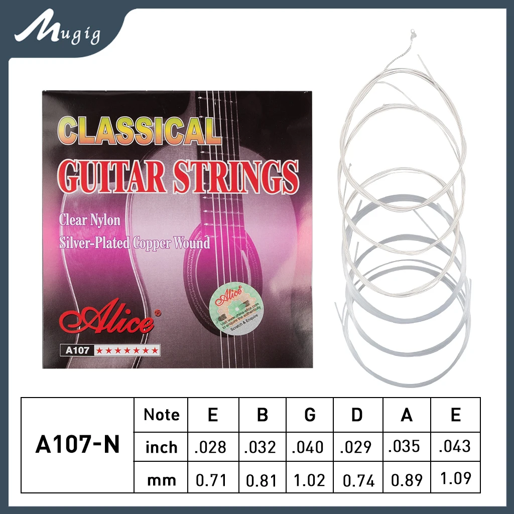 Mugig Alice A107-N 1 Set Classical Guitar Strings Clear Nylon Core Silver Plated Copper Alloy Wound Normal Tension lommi alice a103 classical guitar strings clear nylon strings 0285 044 inch tension normal tension with anti rust coating