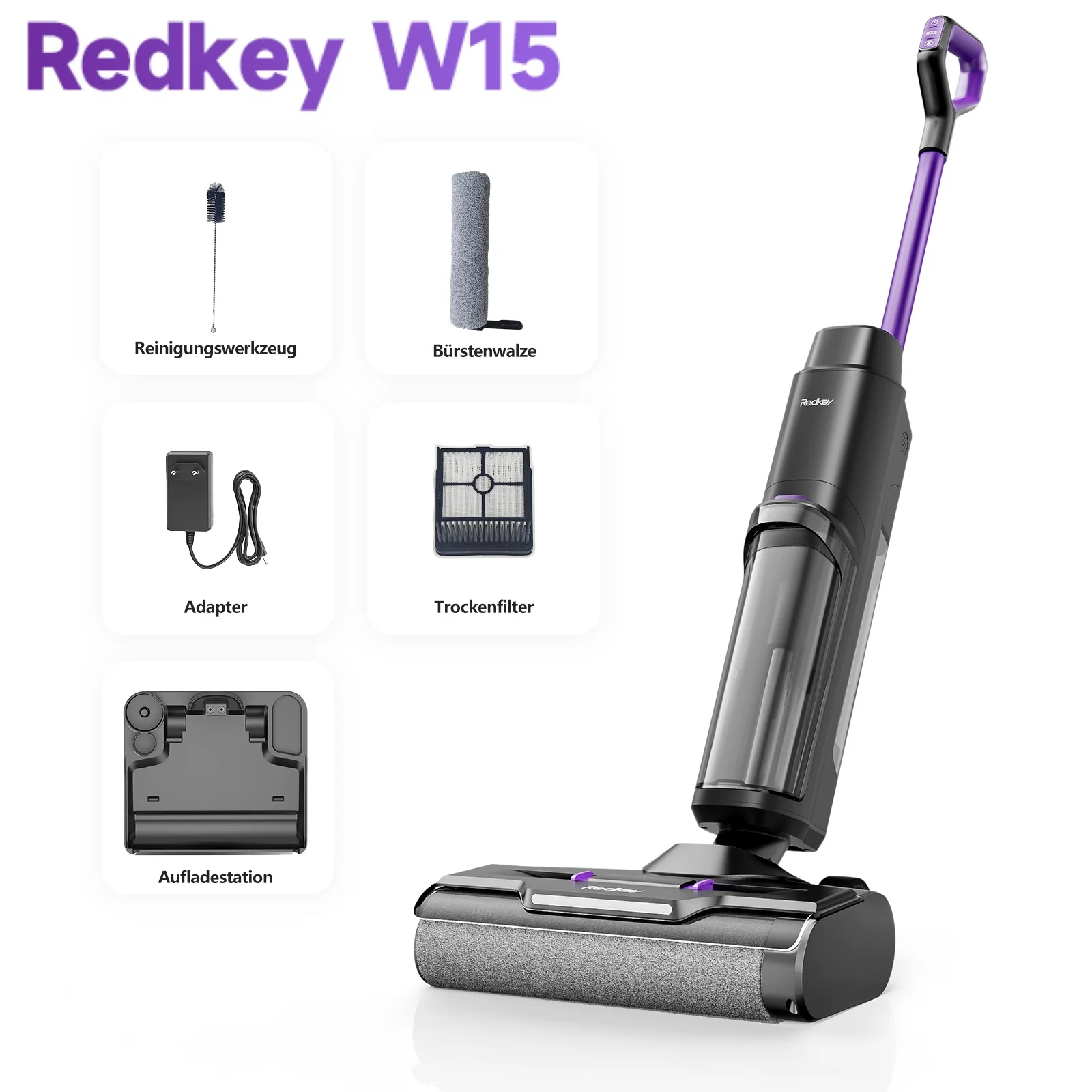 Redkey W15 Wireless Wet and Dry Vacuum Cleaner, Edge Cleaning, 35min Runtime, 3 in 1 Cordless Vacuum Mop with Self-Washing