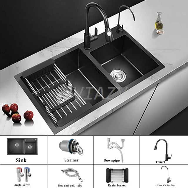 Black 304 Stainless Steel Sink Bowl Large Double Kitchen Sink Strainer  Kitchen Drain Basket Above Counter Sink Wash Basin Pool - Kitchen Sinks -  AliExpress