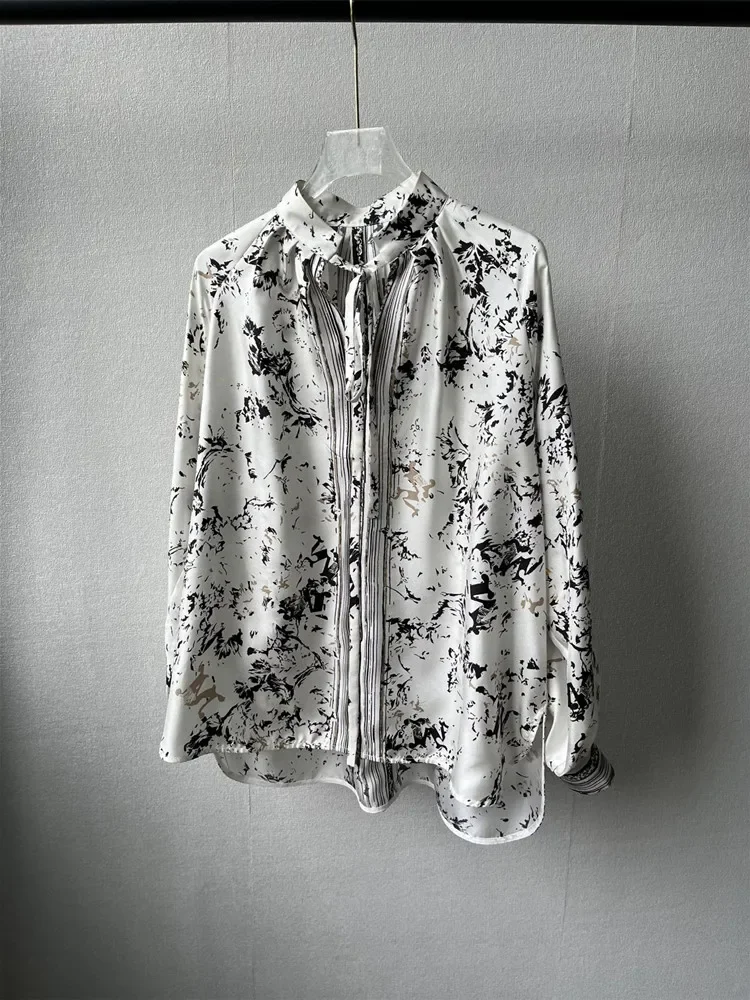 

Women Printed Shirt Stand Collar Lace-Up OL Long Sleeve Silk Blouse