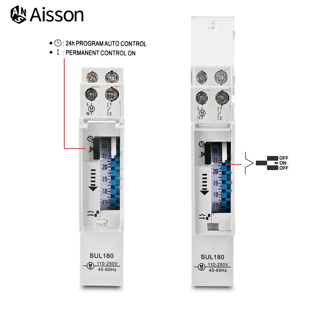 SUL180 DIN Rail Time Switch Mechanical Timer Switch 24 Hours Programmable Timer Control Time Switch 220VAC 16A 2