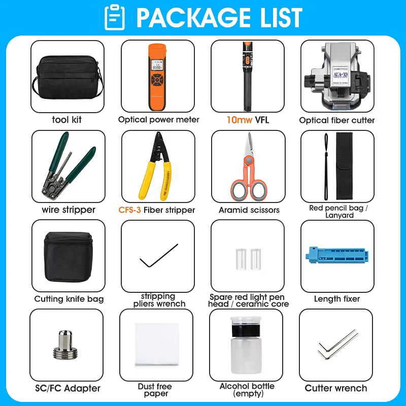 MAYTO FTTH Fiber Optic Tool Kit with AUA-X9 Fiber Cleaver -70~+10dBm/-50~+26dBm G10 Optical Power Meter