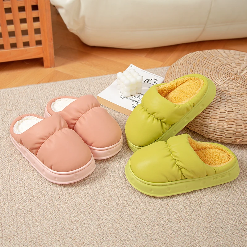 Feslishoet Winter Indoor Slippers Women Plush Keep Warm Flat Home Soft Comfort Slides Men PU Leather Waterproof Fashion Shoes 4