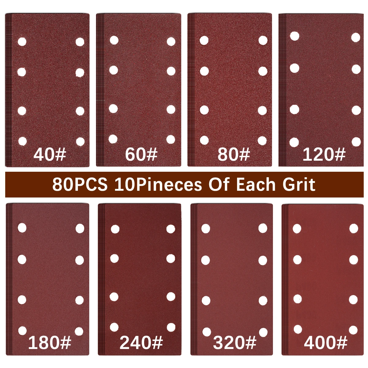 

80Pcs Rectangular Sander Paper Aluminum Oxide Hook and Loop Sandpaper Anti-Static 8 Holes Sanding Pads Assorted 40/60/