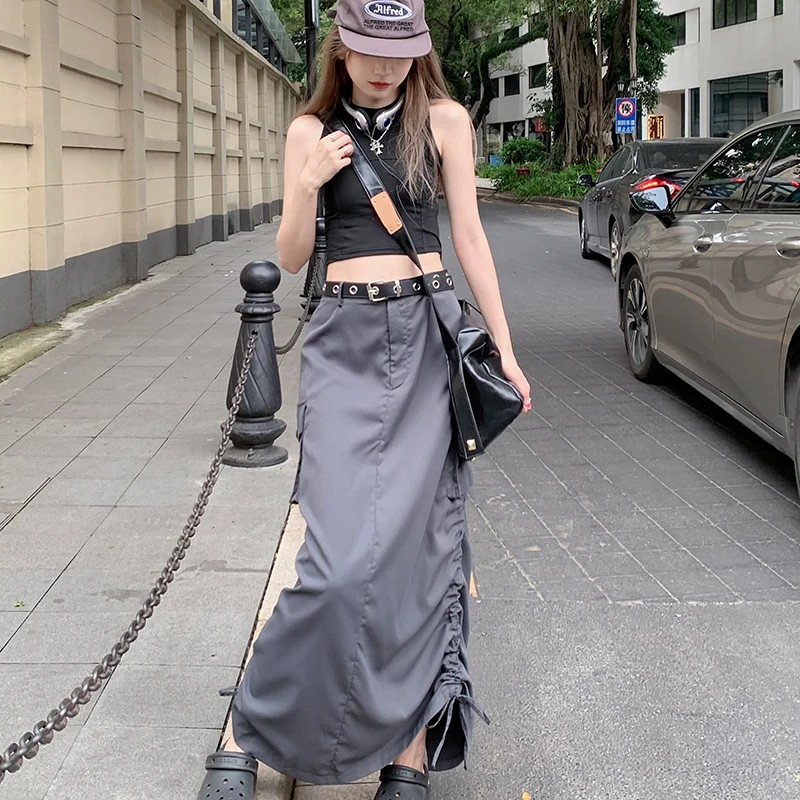 

Japanese Tooling Skirt Women's Summer Retro Irregular Rawstring Long Skirt Design High Waist Skirt Gray Split Skirt