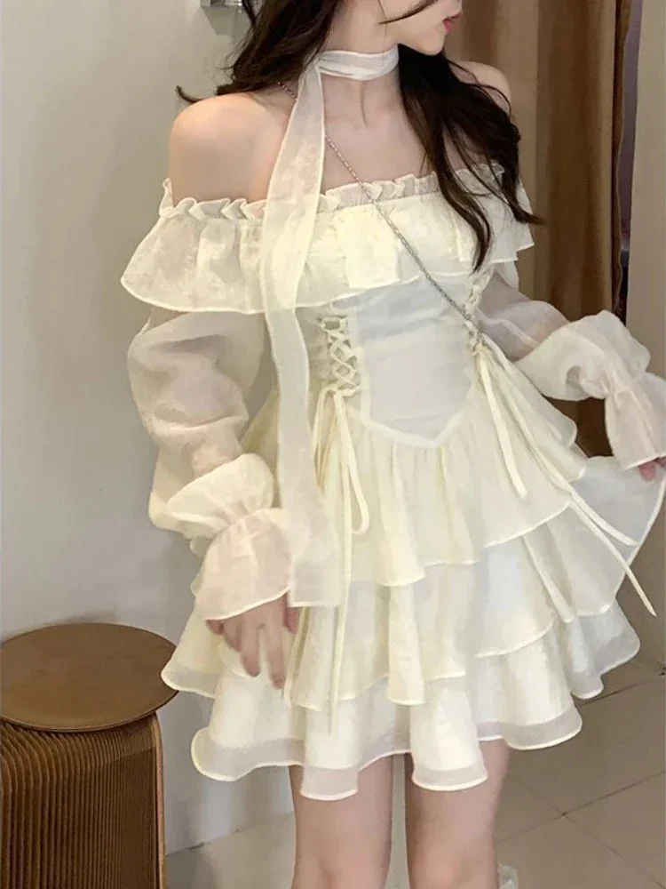 

2024 Summer Elegant Ruffles Fairy Dress Women Casual Sweet Lolita Party Dress Long Sleeve One Piece Dress Korean Female Fashion