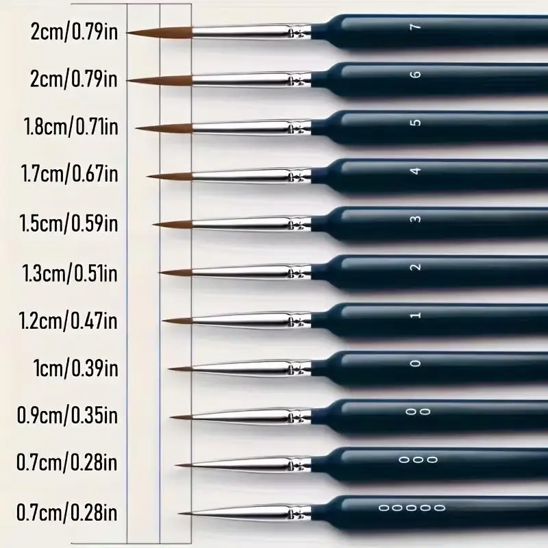 11개의 마이크로 브러쉬: 아크릴, 유화, 수채화, 네일, 모델 아트용 내구성이 뛰어난 작은 노란색 울프 브러쉬