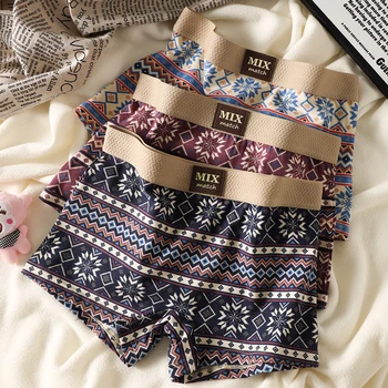 3PCS/Pack Hygroscopic Breathable Women's Panties 100% Cotton Vintage Print Cozy Soft Lingerie High Elastic Waist Safety Shorts 1