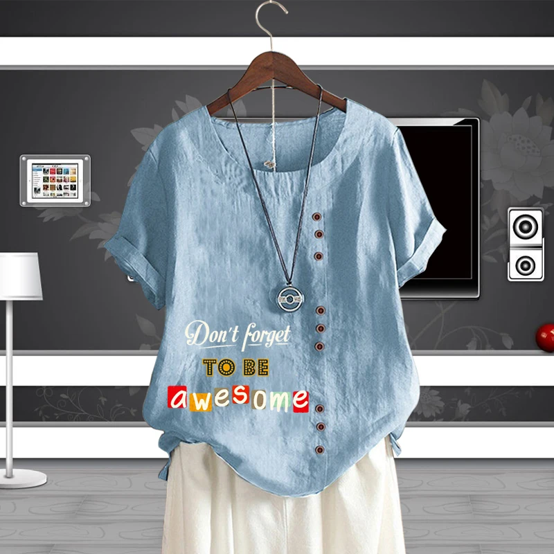 

Lady's Round Neck Casual Shirt Women's T Shirt Printed Loose Linen Short Sleeve Letter Printing Pullover Top in Summer