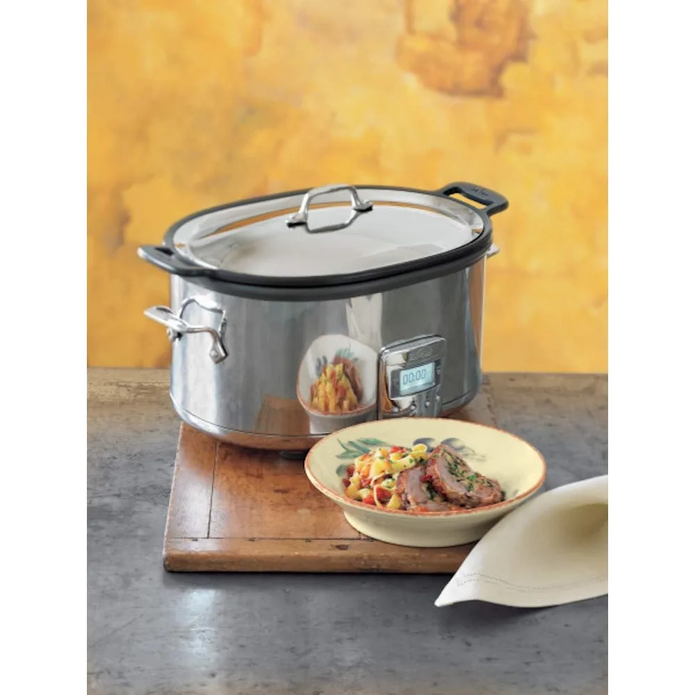 Stainless Steel Electric Slow Cooker 7 Quart, Aluminum Insert, Programmable LCD Screen Digital Timer, Silver