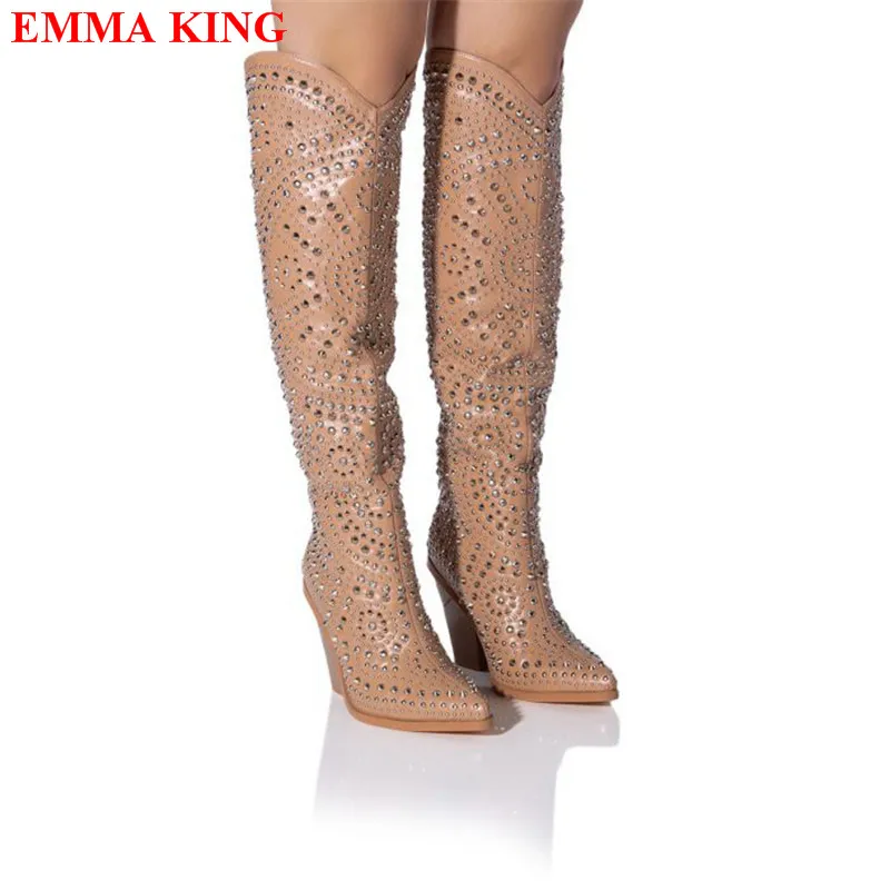 

Fashion Ladies Rivet Embellished Western Knee High Boots Luxury Chunky Heel Womens Shoes Pointed Toe Long Cowboy Boots For Women