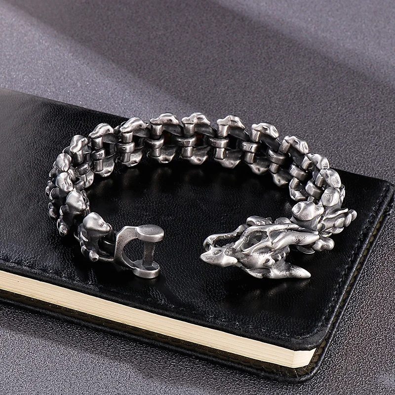 Fongten 21cm Dragon Charm Bracelet For Men Stainless Steel Bone Chain Bangle Bracelets Silver Color Male Gothic Jewelry