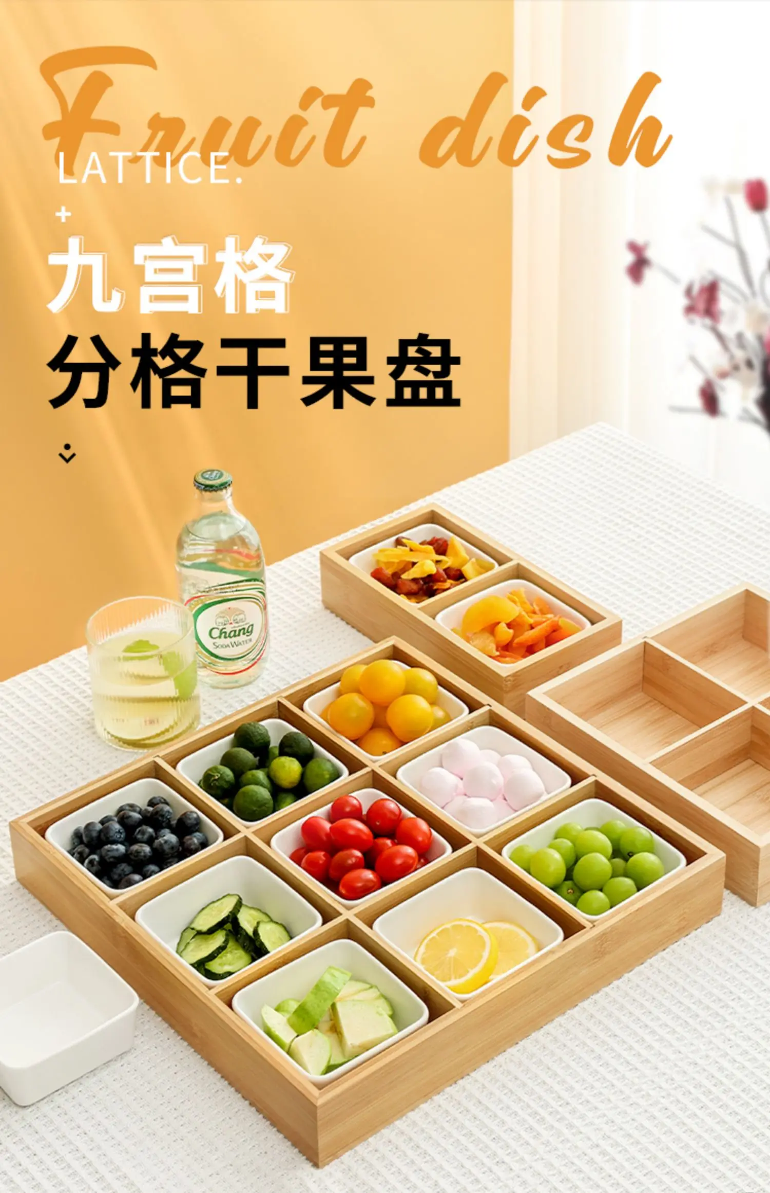 Description Picture 2 of itemBamboo Tray Dried Fruit Snacks Fruit Dessert Sushi Plate Hot Pot Compartment Container Tea Table Snacks Dinner Plate