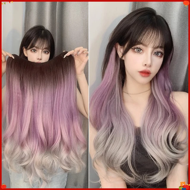 Synthetic Long Ombre Hair Extension Clip in One Piece Seamless Colored Streak Wig for Women Gradient Ear Dye Purple Grey Cosplay