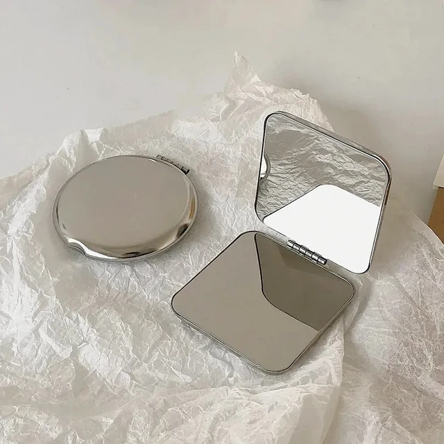Miroir de maquillage Portable en acier inoxydable pour femmes, 1 pièce, poche à main, côté plié, miroir de maquillage cosmétique, petites formes diverses 1