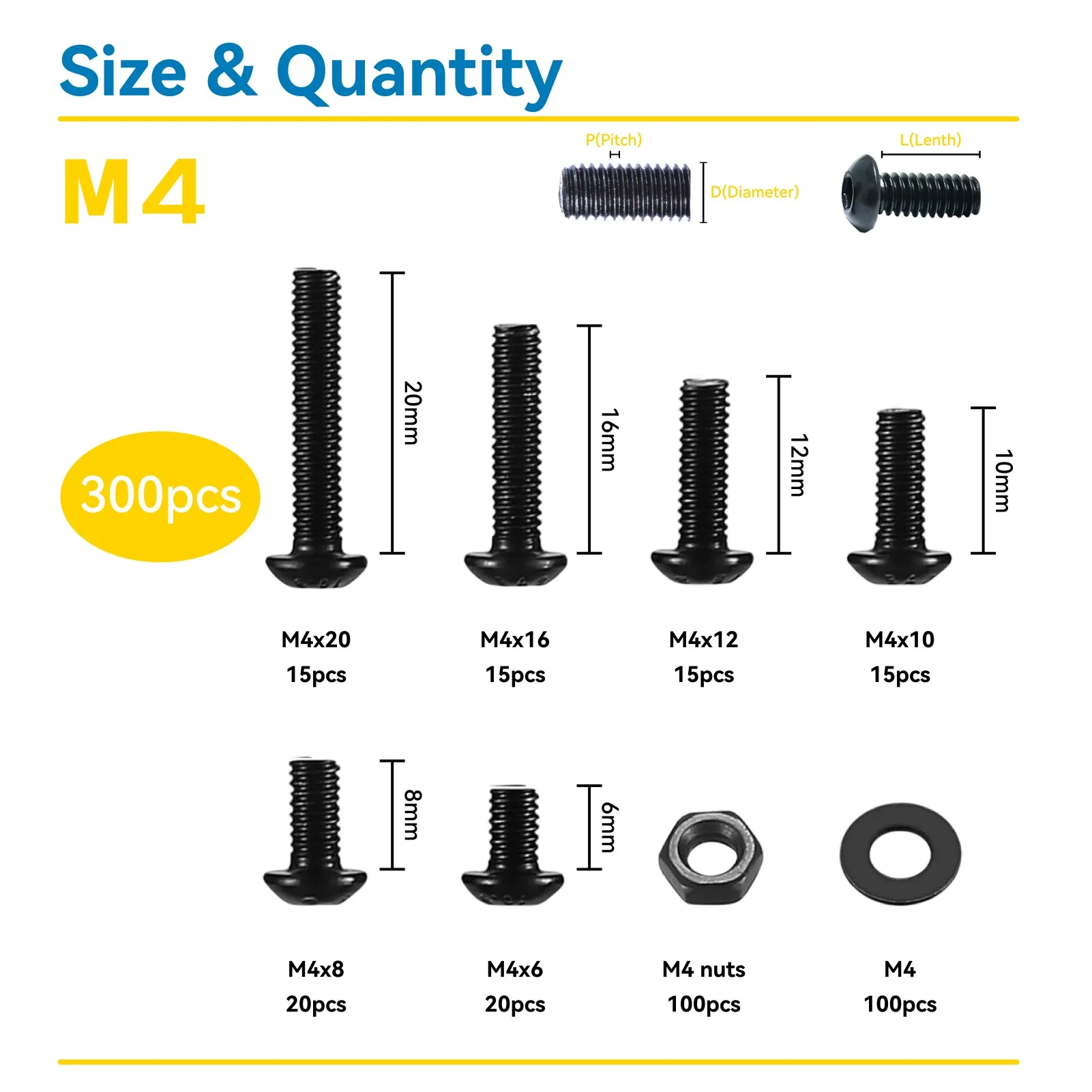 WZHUIDA 300 Pcs M4 Hex Socket Button Head Cap Bolts Screws Washers and Nuts Kit M4*6/8/10/12/16/20mm 8.8 Grade Alloy Steel