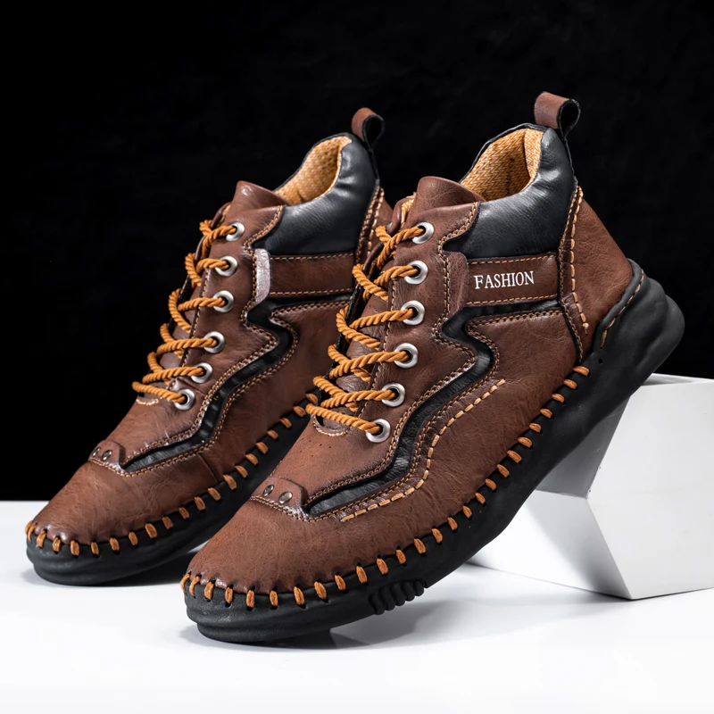 

Men Boots Classic Fashion Motorcycle Leather Casual Comfortable Winter Driving Shoes Flats Ankle Leisure Trend Hiking Outdoor