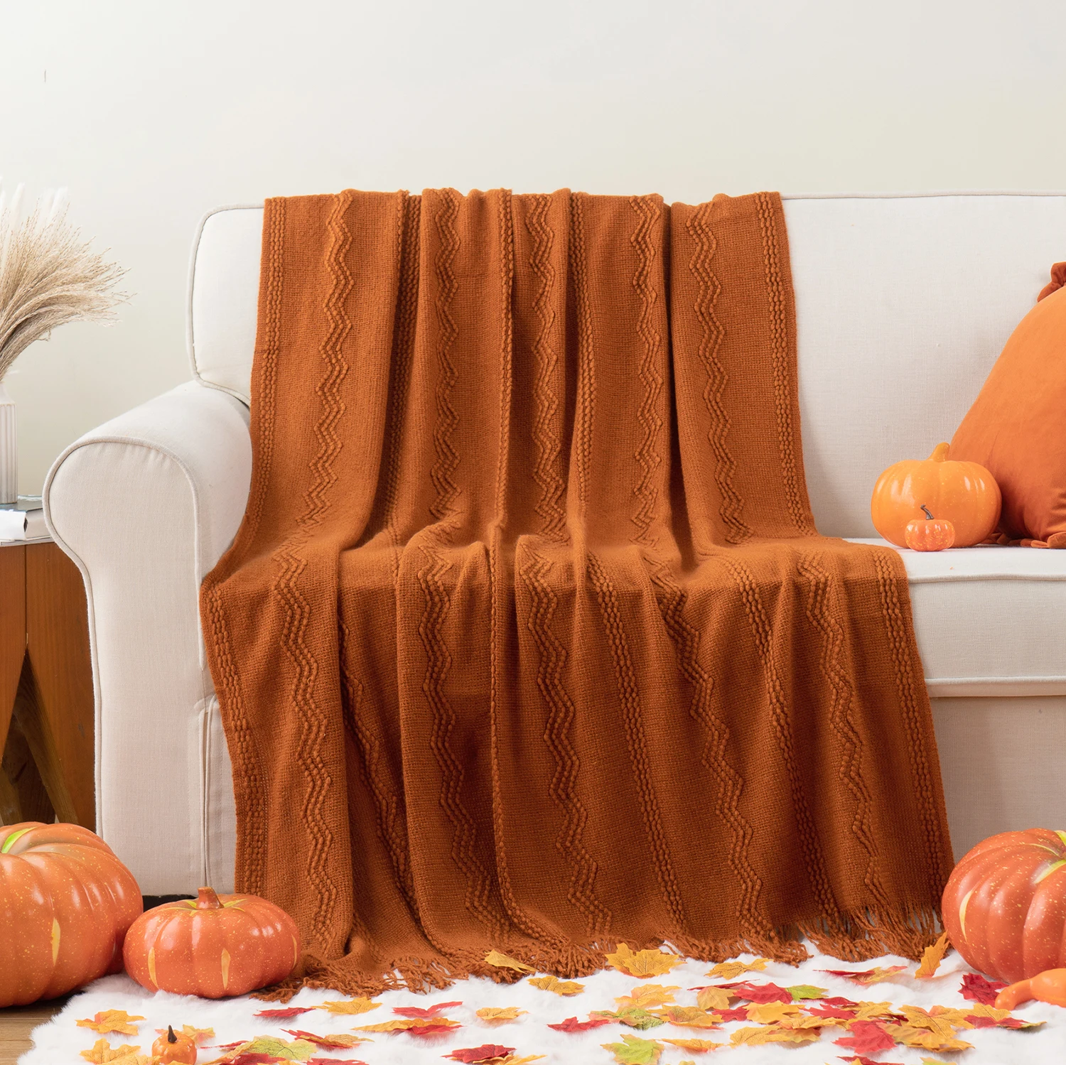 Caramel Knit Throw Blanket - Lightweight Plaid Blanket for Couch and Bed