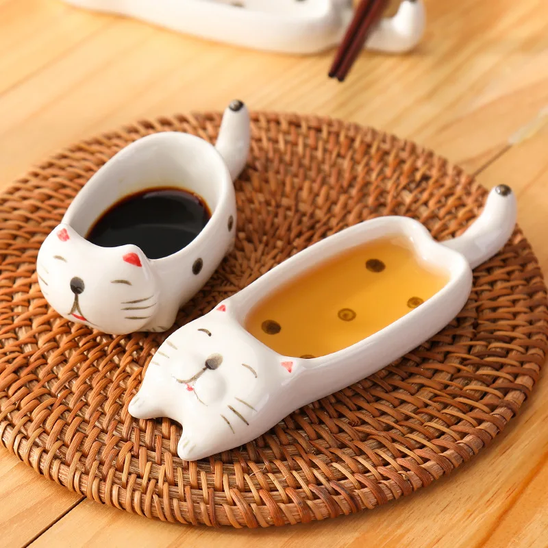 1/2 Pcs Kitchen Ceramic Dipping Bowls Seasoning Plate Cute Animal Cat Shape Tableware