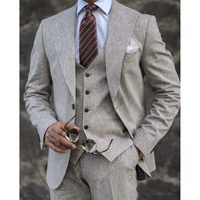 Summer New Men Suits Slim Fit Fashion Peak Lapel Single Breasted Thin Linen Male Suit Business Casual Beach Wedding Tuxedo 3 Pc 2