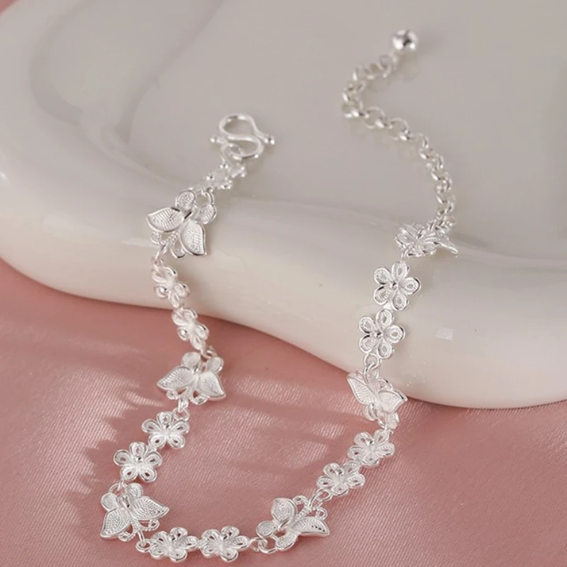 Butterfly Flower Silver Bracelets for Women Fashion Korean Designer Frosted Bead Bracelet Beautiful Party Wedding Jewelry Gift