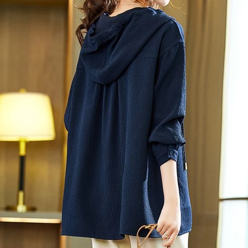 2023 Spring Autumn New V-neck Hooded Long Sleeve Sweatshirts Women Fashion Printing Button Drawstring All-match Pullovers