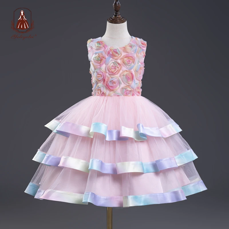 

Yoliyolei kids girls dresses Flower Princess Party Tutu Dress Children Wedding Little Bridesmaid Rainbow Lace Christmas Clothes