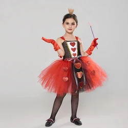 Girls Queen of Hearts Costume Kids Halloween Dress up Fancy Tutu Dress with Crown Classic Wonderland Red Queen Gown Clothes