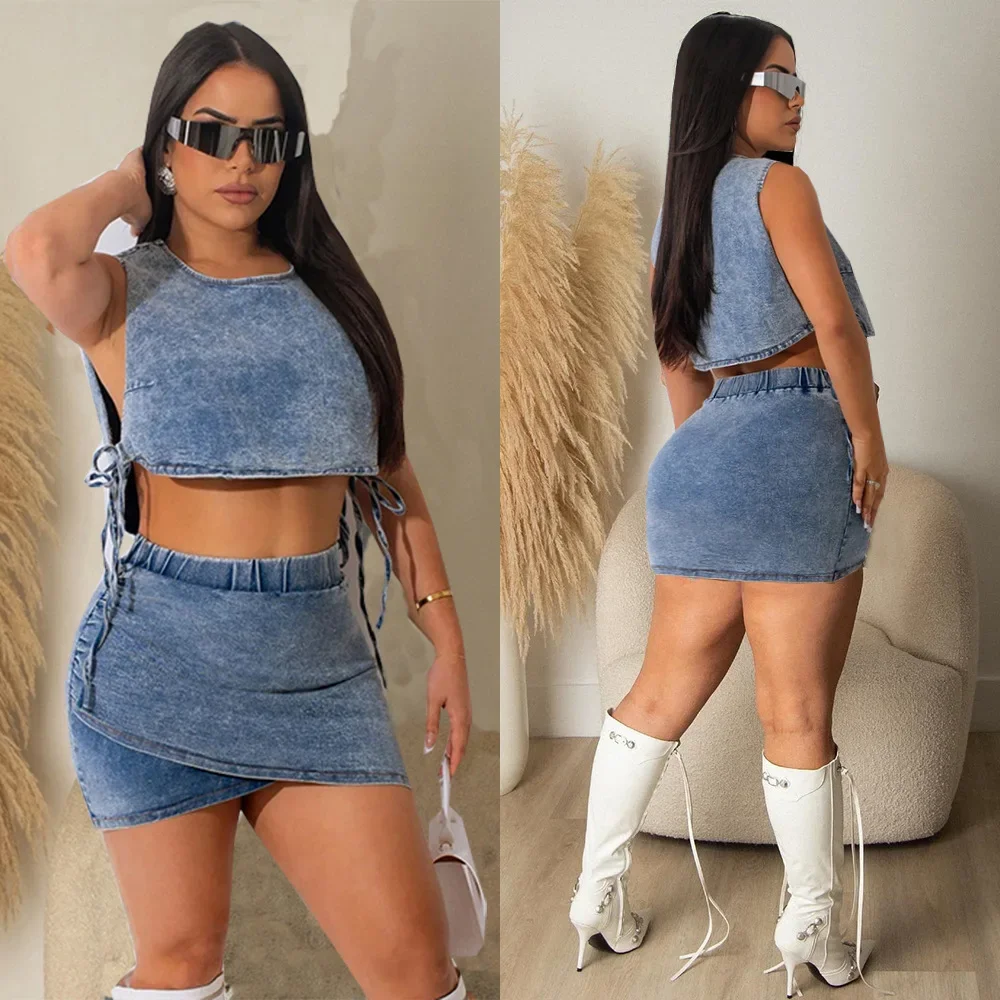 Women's 2023 Spring And Summer New Street Fashion Vest Short Skirt Elastic Two-Piece Sexy Denim Top