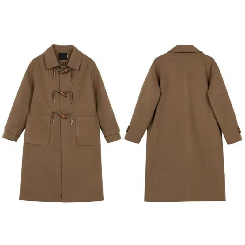 2023 Autumn Winter New Horn Button Woolen Pure Color Coat Women Woolen Medium Long Loose Coat Small Sense of Hepburn Style Black