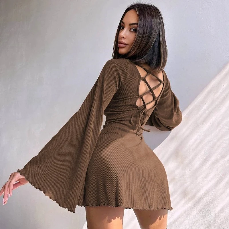 New Fashionable Women's Round Neck Long-sleeved Backless Dress Retro Horn Sleeve Hollow Strap Solid Color A-word Short Skirt
