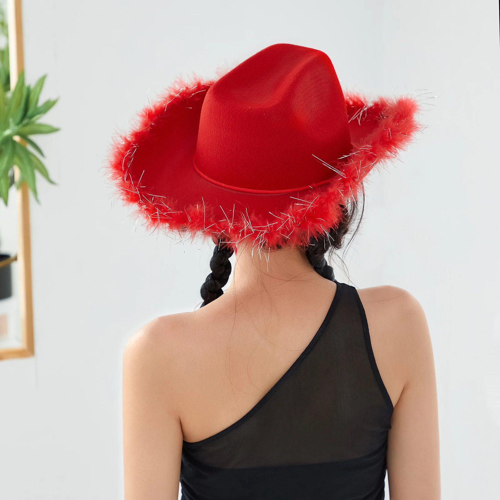 Women&acute;s Fashion Vintage Cowboy Hat Adult Solid Color Furry Trim Wide Brim Hat Female Cap for Dating Party