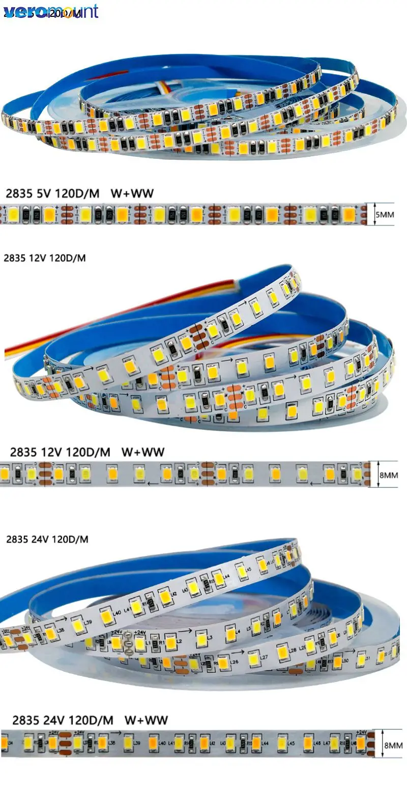 5m 5mm 8mm 12mm 2835 CCT Dual White Dimmable LED Strip Light 12V 24V DC WW CW Color Temperature Adjustable Flexible Tape Ribbon
