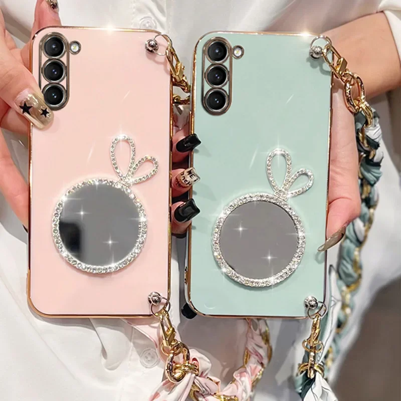 Custodia per cinturino con cordino in seta specchio simpatico coniglio per Samsung Galaxy S24 S23 S21 FE S22 Plus Ultra S10 S20 S8 S9 placcatura_voghion.com