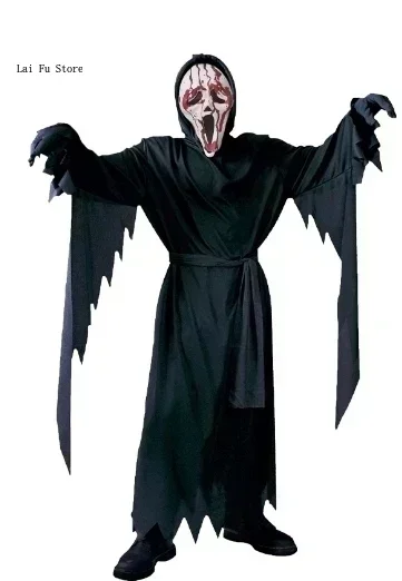 VICTERR Halloween Scream Costume,Scream Deguisement Enfants Avec Masque Ghostface & Couteau Sanglant Plastique,Costume Scream Adapté Pour Halloween, Carnaval, Mascarade, Soirée D'horreur (100