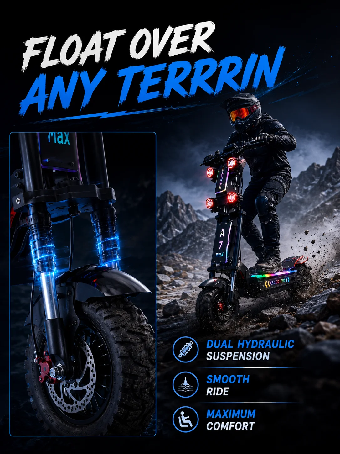 MAX 13-Inch Off-Road Electric Scooter – Dual 5000W Motors, 72V 50Ah Battery, High-Performance Adult E-Scooter for Extreme Riding 5