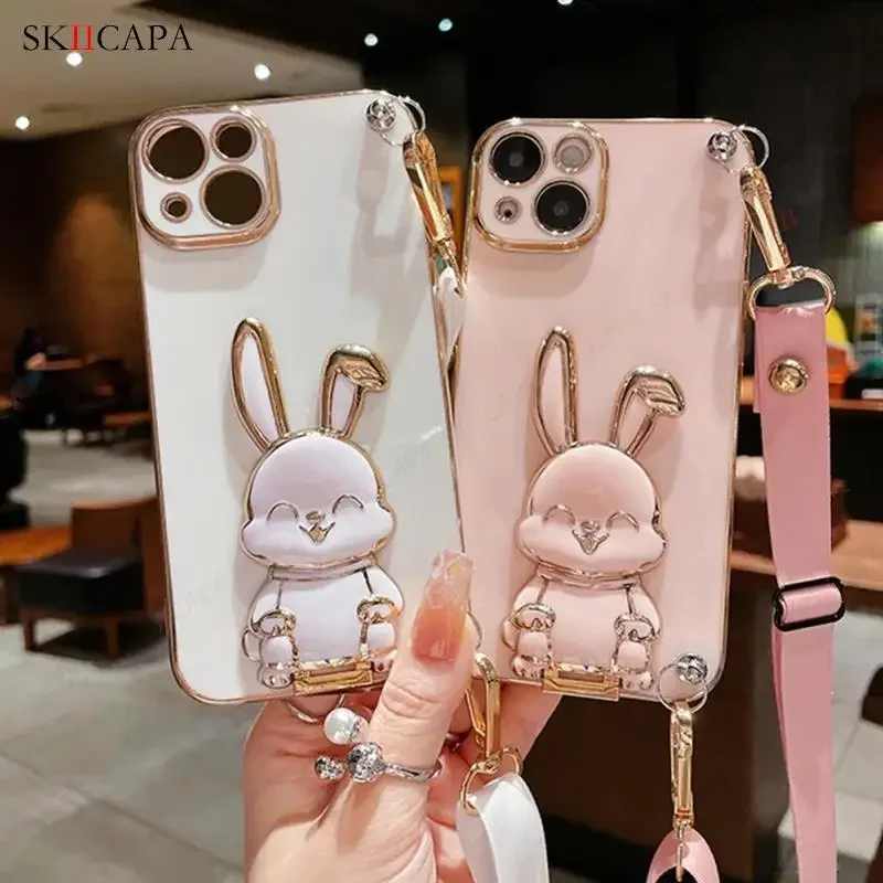Plating Silicone Crossbody Lanyard Phone Case with Rabbit Holder