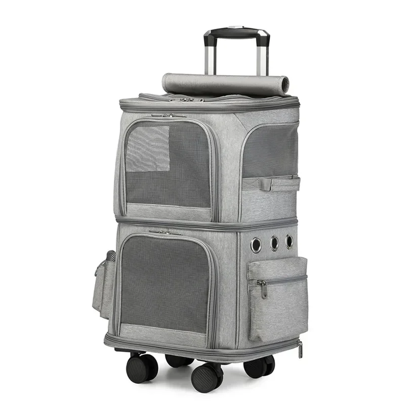 Pets Trolley Case Cat Dog Travel Bag Suitcase Luggage Collapsible 4 Wheel 2 Layer Storage Box Breathable Handbag Pet Stroller