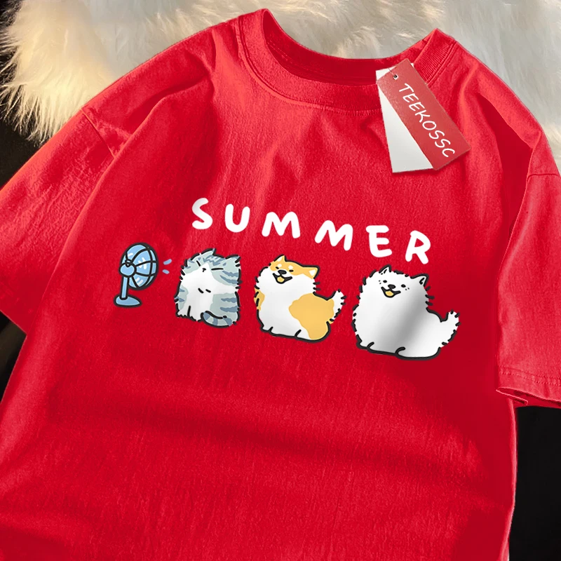 Cats And Dogs Blowing Fans Print T Shirts Men Women Cute Crewneck Clothes Loose Summer T-Shirts Fashion Cotton Short Sleeve
