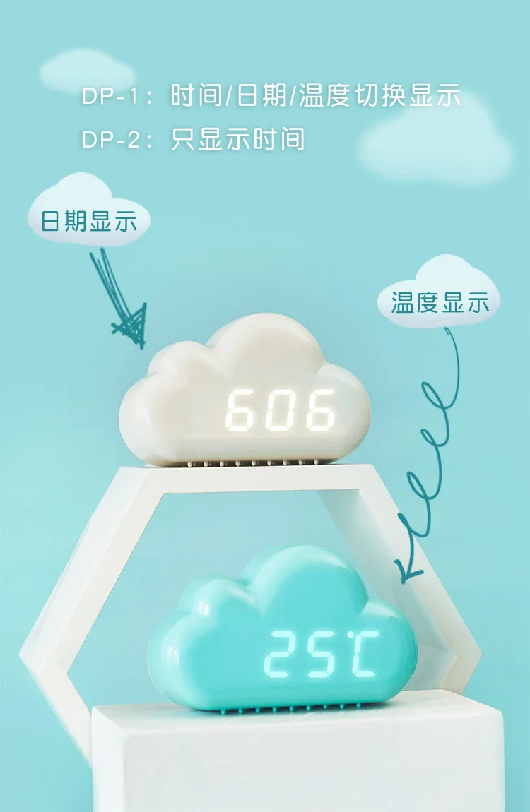 Kawaii Clocks Clouds Alarm Clock Voice Control Led Clocks Bedside Snooze Electronic Clock Calendar Table Clock Digital Clockes