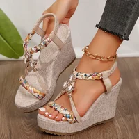Metal Decoration Wedge Heel Sandals for Women 2025 Summer Chunky Platform Sandals Woman Thick Bottom Printed Bohemian Sandalias - Image 3