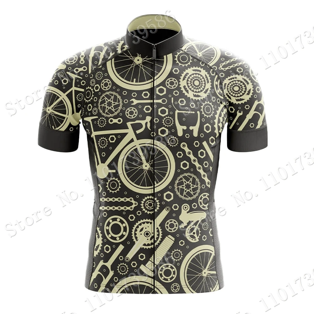 Bicycle Gears Mens Cycling Jersey Set Short Sleeve Ride Retro Clothing Men Road Bike Shirts Suit Bicycle Bib Pants Maillot