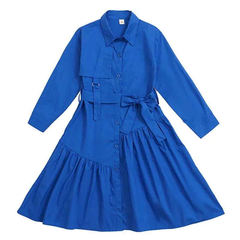 kids teen girls solid blue pink buttoned shirt dress 6 to 16 years childgren girl spring autumn fashion cotton casual dresses