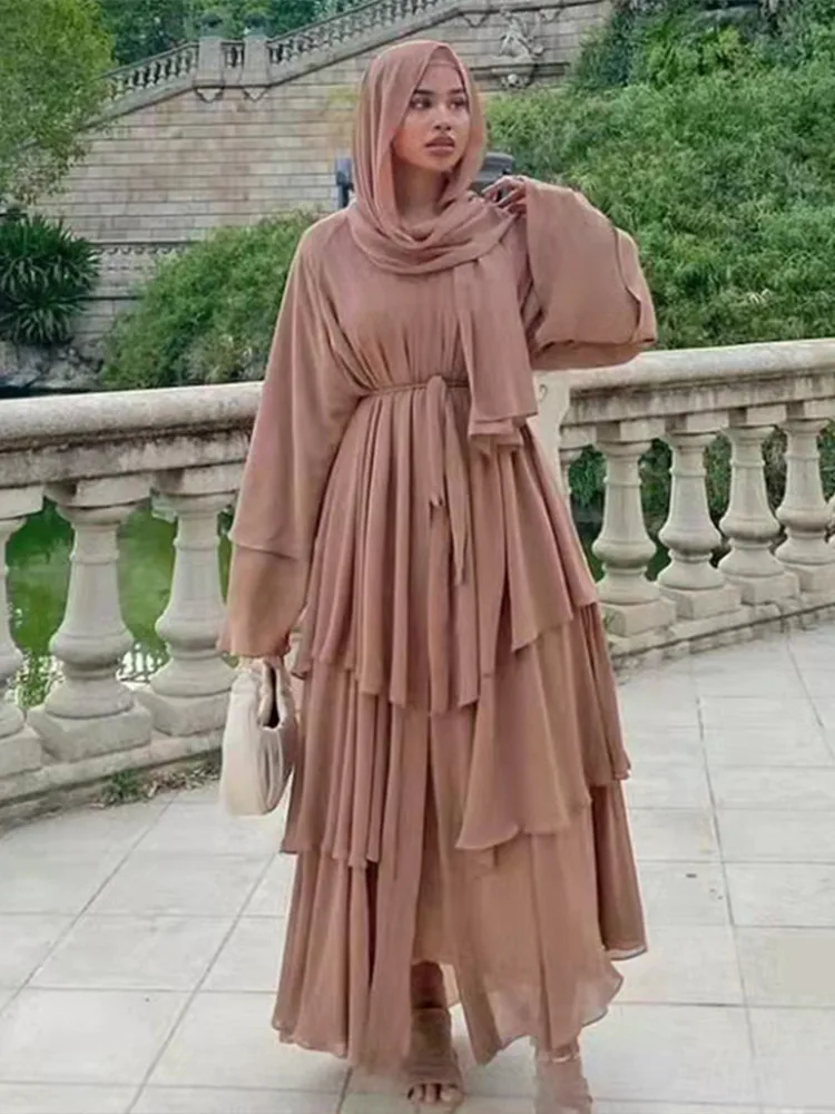

Ramadan Eid Djellaba Abaya Dubai Three-layer Soft Chiffon Muslim Dress Abaya Dubai Turkey Muslim Islam Abayas With Belt WY660