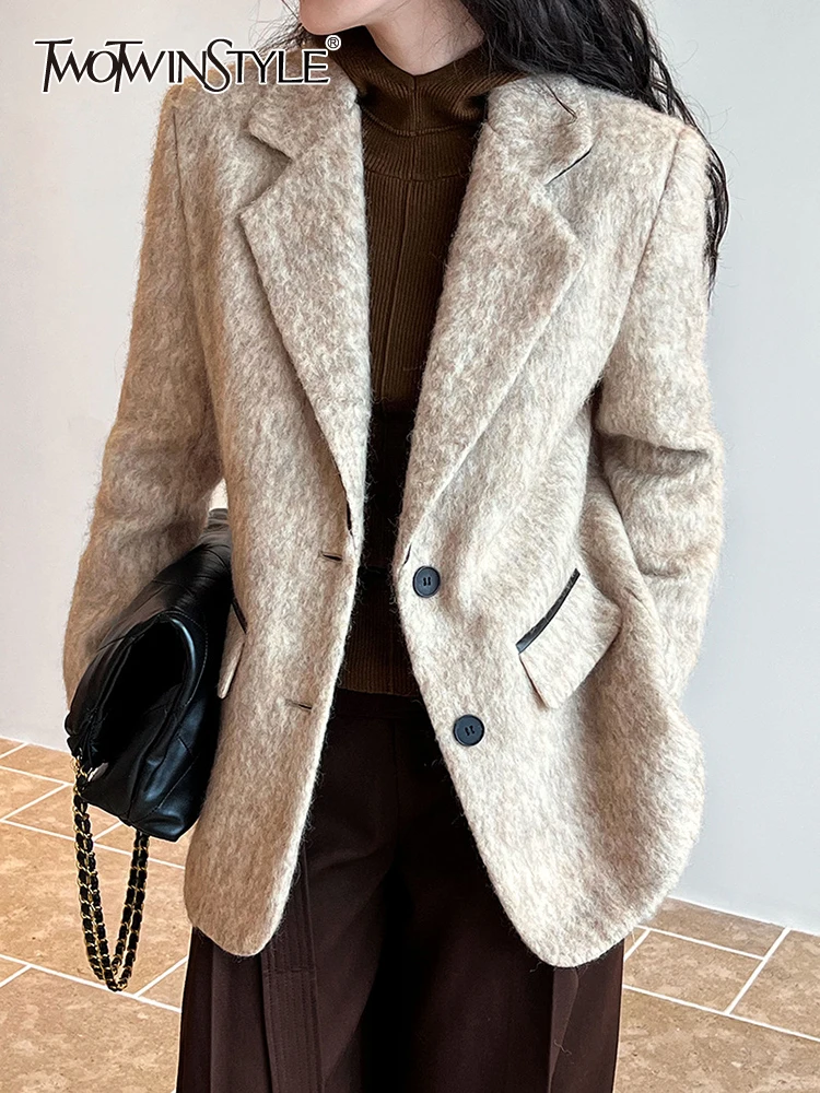 

TWOTWINSTYLE Solid Patchwork Pocket Blazer For Women Notched Collar Long Sleeve Spliced Buttons Minimalist Blazers Female New