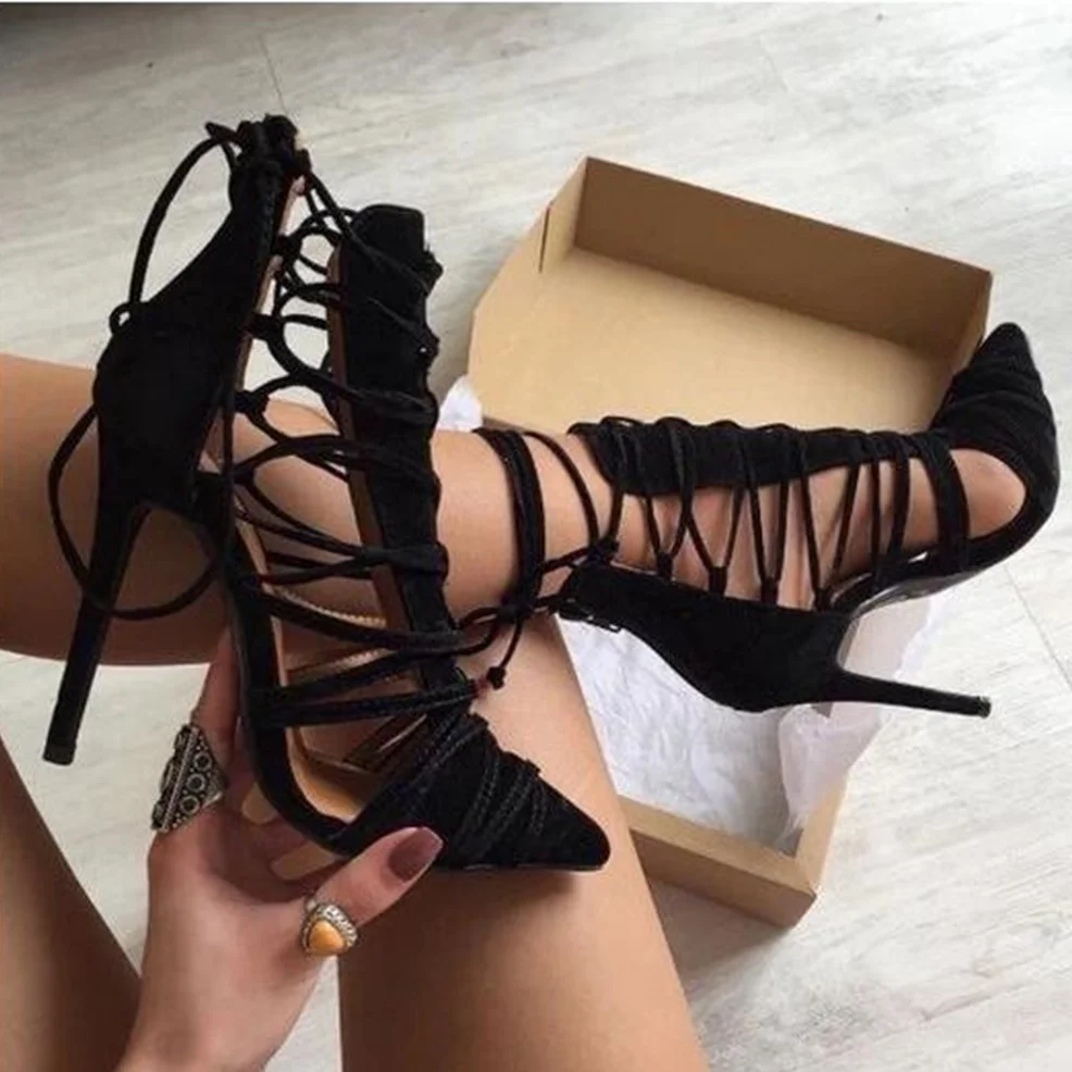 

Fashion black suede leather pointed toe cross tied lace up thin high heel ankle boots women cut-out braided shoes stiletto heels