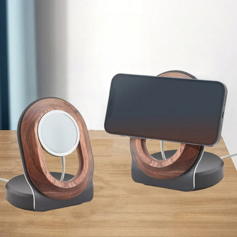 Magnetic Suction Wireless Charging Phone Rack Fast Charging Stand for IPhone 12 and Above Walnut Solid Wood Holder Home Charging 4