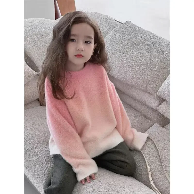 

Winter wpring Girls Gradient Color Sweater 2024 Fashion Round Neck Pink Childrens Pullovers Versatile Knitwear Thickened Tops